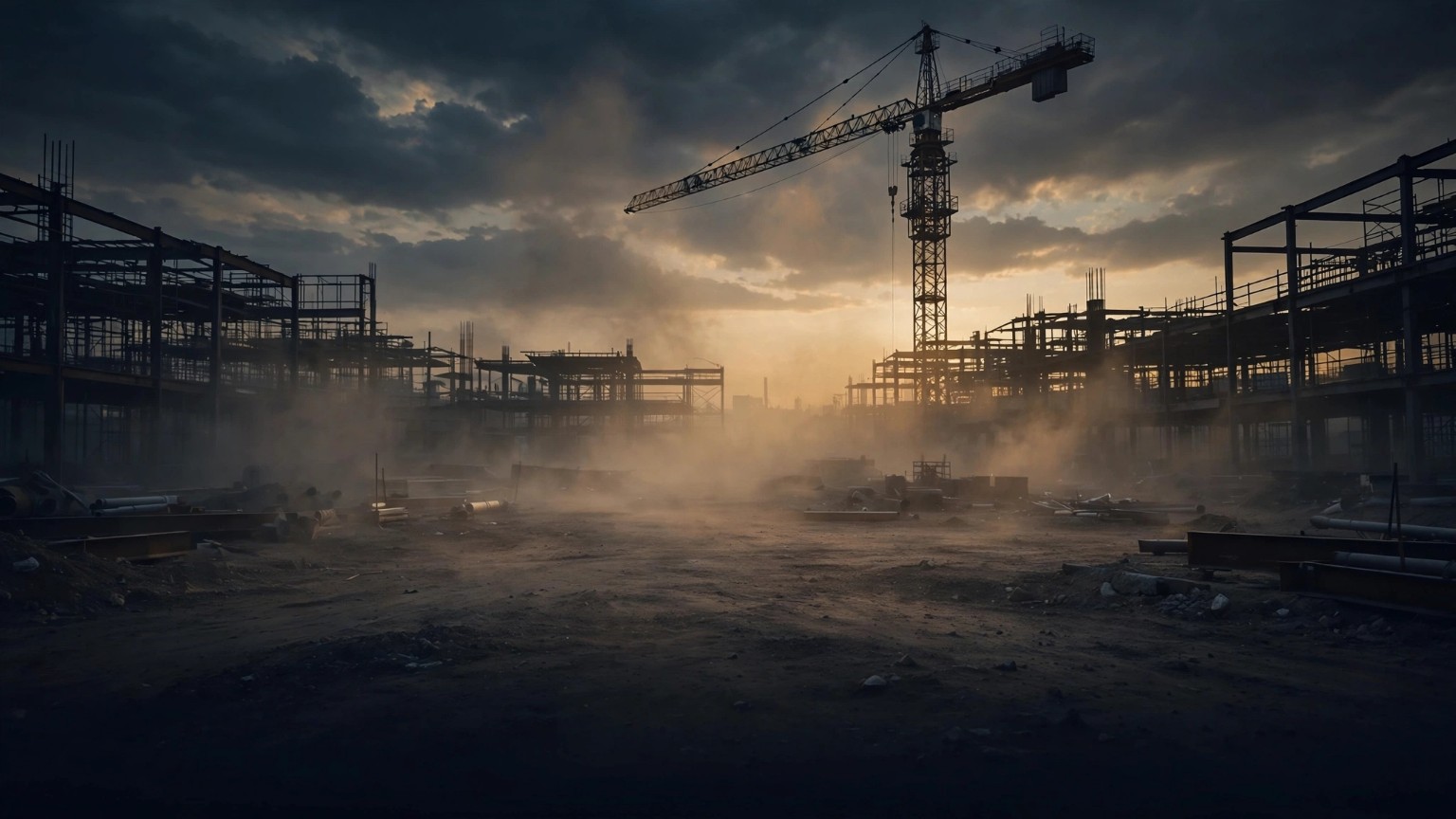 Construction crane and building frames at dusk