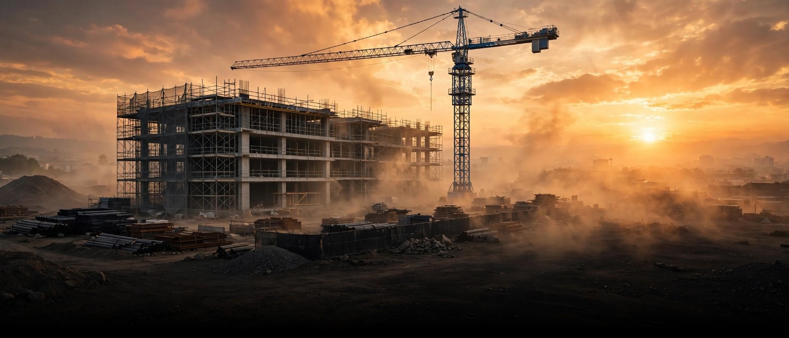 Construction site with tower crane at golden hour